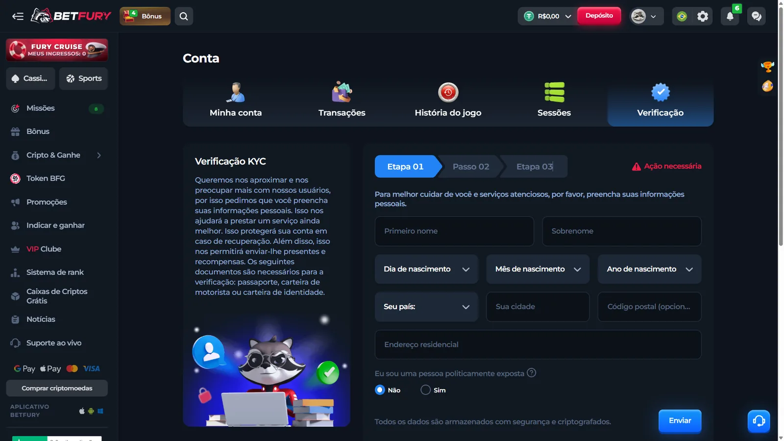 Área de verificação de conta da BetFury em português