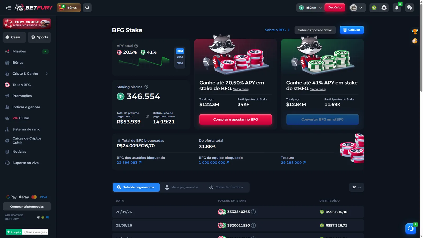 Área BFG e staking da BetFury em português