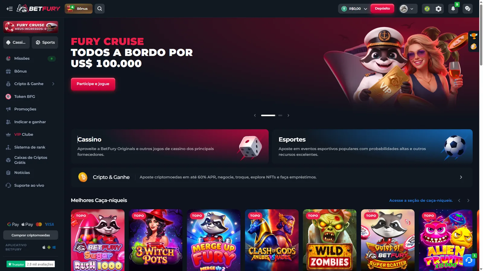Interface da BetFury em português mostrando a área principal do cassino