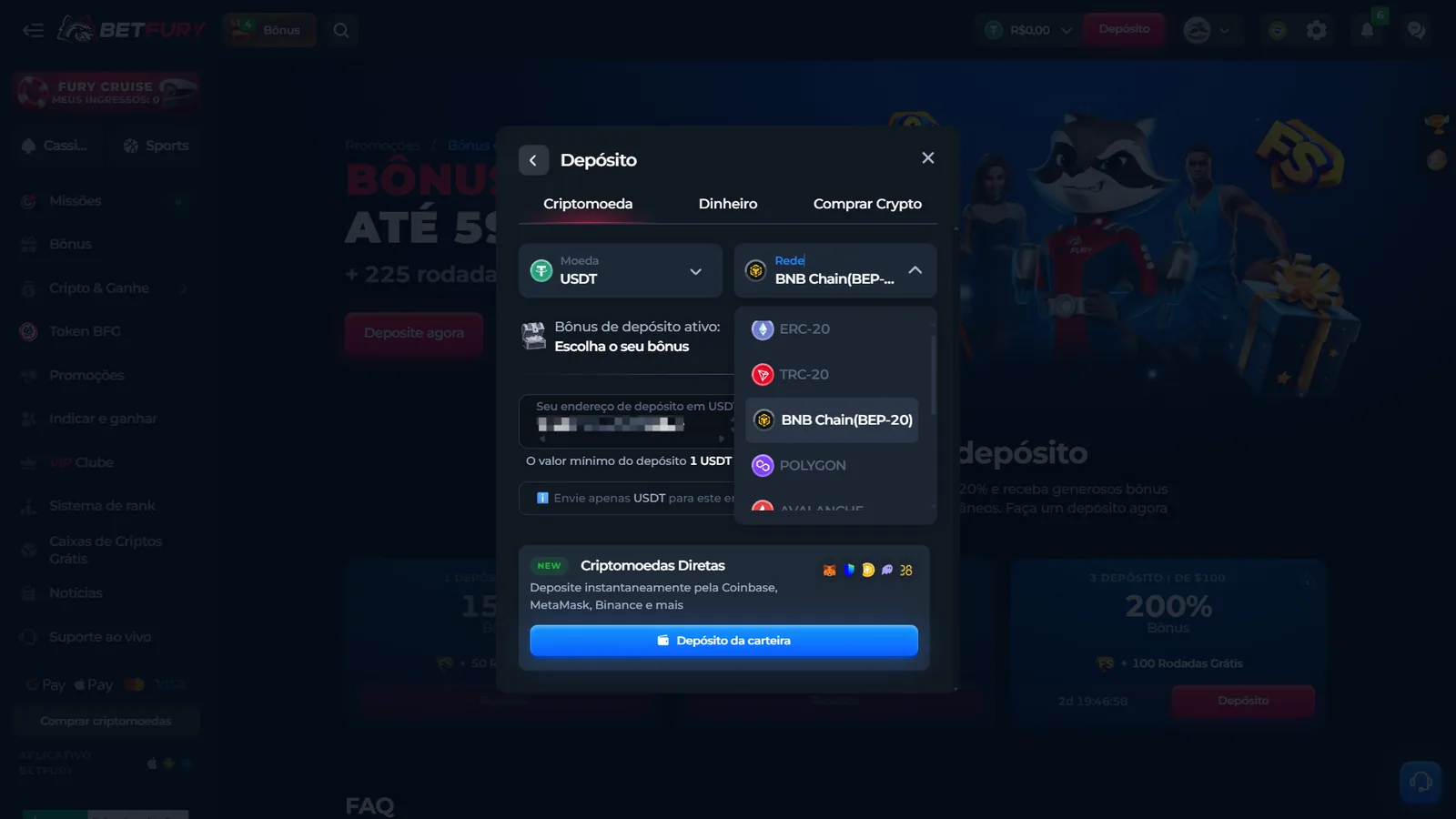 Carteira da BetFury para escolher criptomoeda e rede de depósito