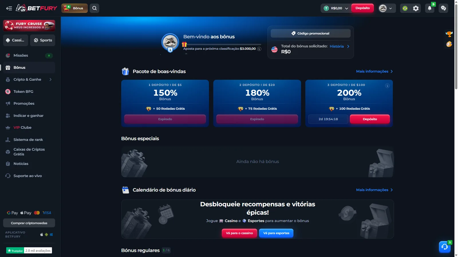 Níveis de bônus de depósito da BetFury