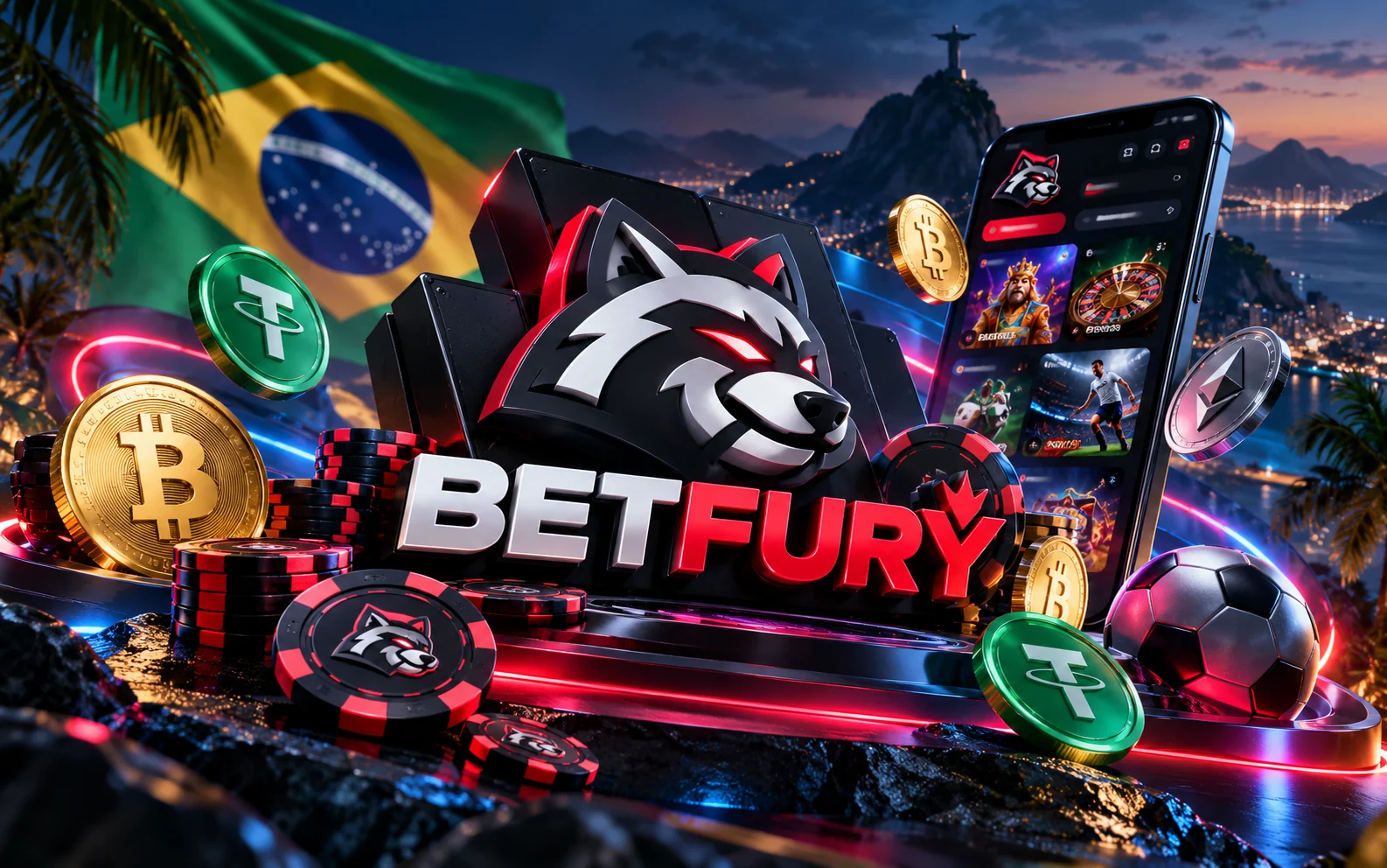 Cenário 3D da BetFury com cassino, cripto e futebol
