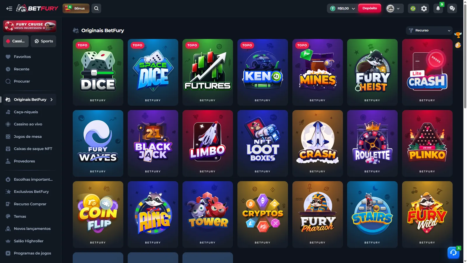 Lobby BetFury Originals em português