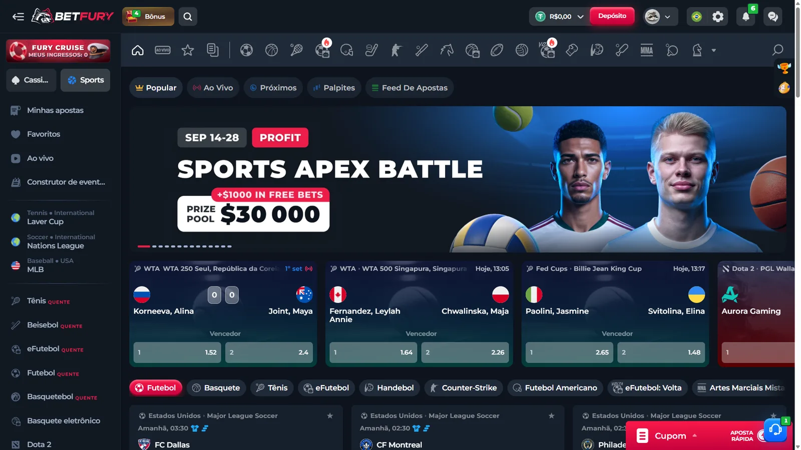 Área de apostas esportivas da BetFury em português