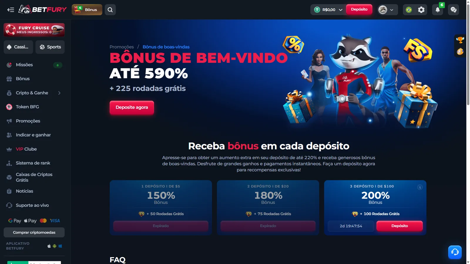 Pacote de bônus de boas-vindas da BetFury em português mostrando até 590% e 225 rodadas grátis