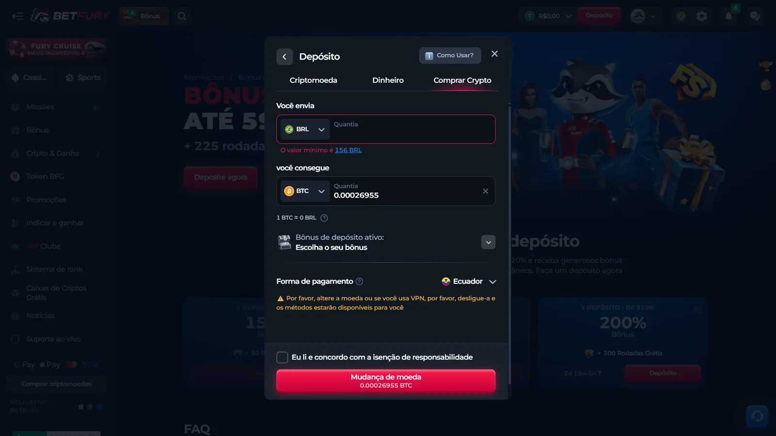 Formulário de saque da BetFury em português