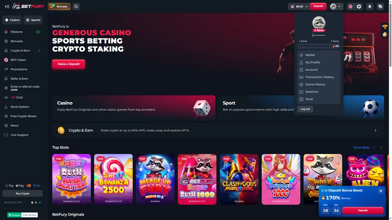Logged-in BetFury account showing casino, sports, bonuses, BFG token and account navigation