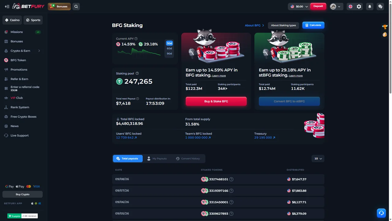 BetFury BFG Staking dashboard with BFG and stBFG, staking pool and payout information