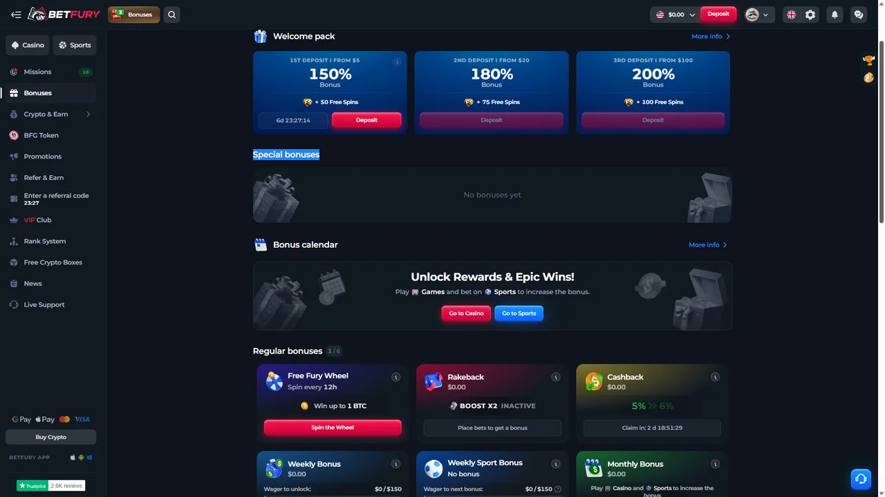 BetFury Bonus Cabinet with welcome bonuses, Bonus Calendar, Rakeback, Cashback and recurring rewards
