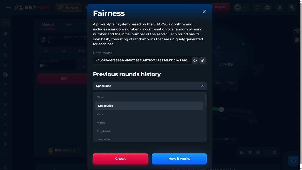 BetFury fairness popup with SHA256 explanation, round hash and previous-round history