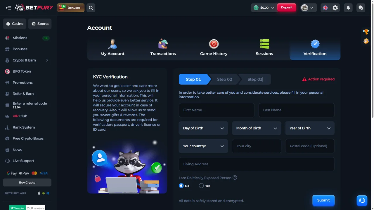 BetFury KYC verification screen with identity and personal-information steps