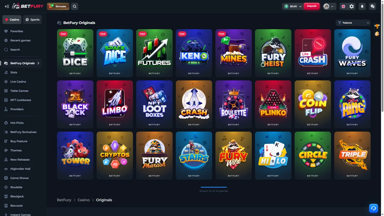 BetFury Originals lobby with Dice, Mines, Crash, Plinko, Blackjack and other in-house games