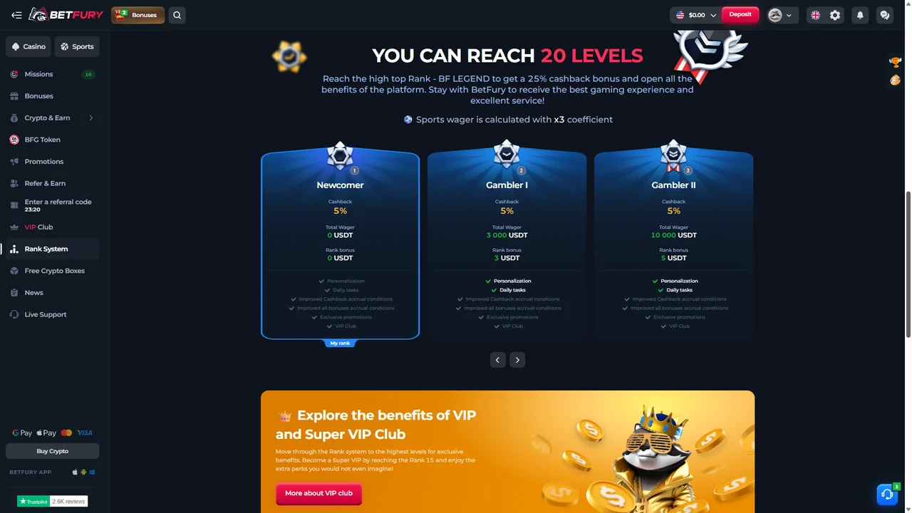 BetFury Rank System with 20 account ranks, cashback and progress thresholds