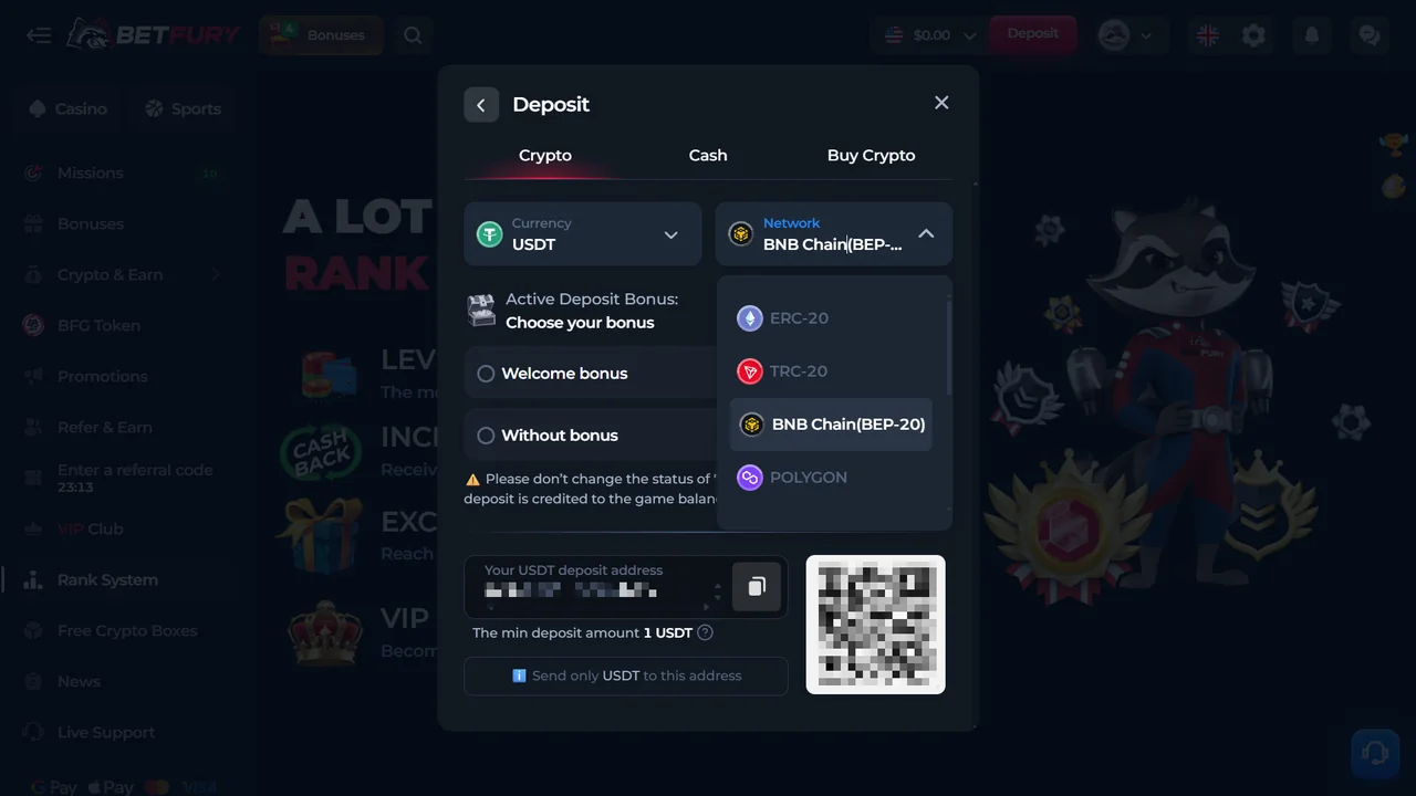 BetFury USDT deposit screen with network selector and QR deposit address