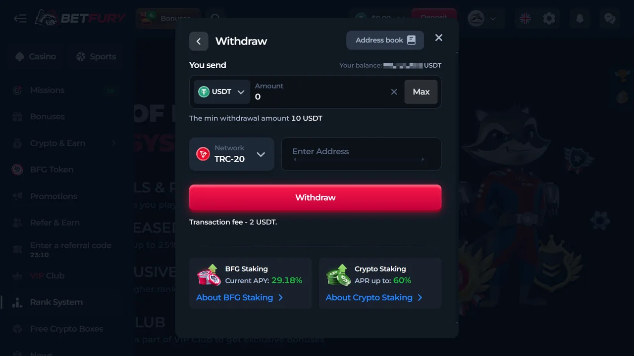 BetFury USDT withdrawal screen with amount, network and destination address fields