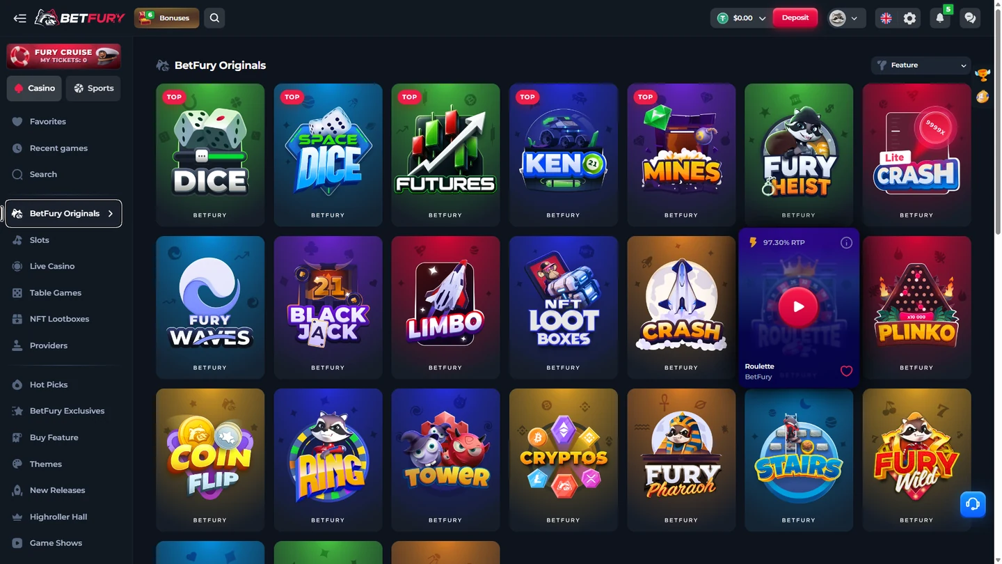 BetFury Originals casino lobby showing Dice, Mines, Crash, Plinko and other in-house games