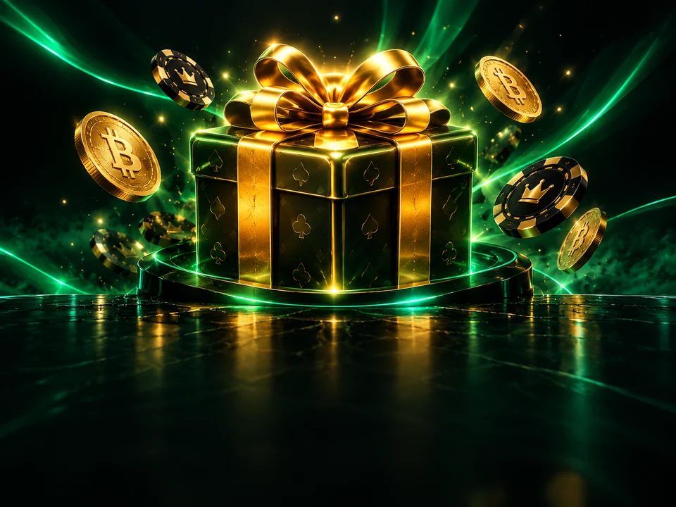 Presente 3D dourado com moedas Bitcoin em cassino