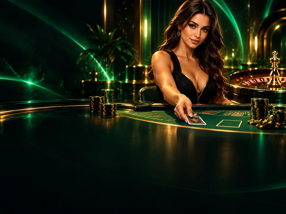 Mesa de cassino ao vivo em ambiente verde e dourado