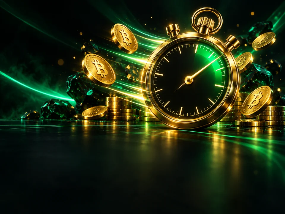 Cronômetro 3D com Bitcoin representando processamento de retirada