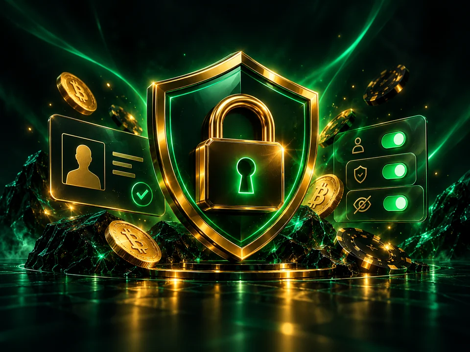 Escudo 3D com cadeado e elementos de segurança digital em verde e dourado
