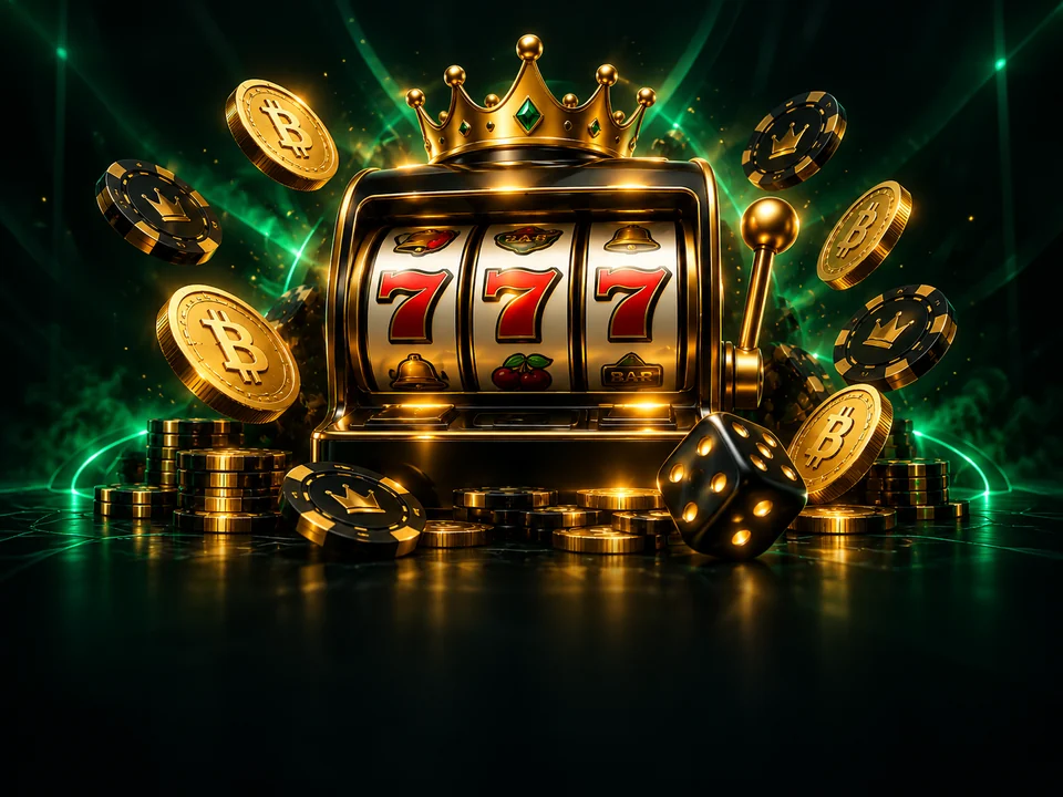 Slot 3D com moedas Bitcoin em ambiente de cassino verde e dourado