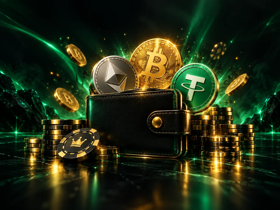 Carteira digital 3D com Bitcoin, Ethereum e Tether