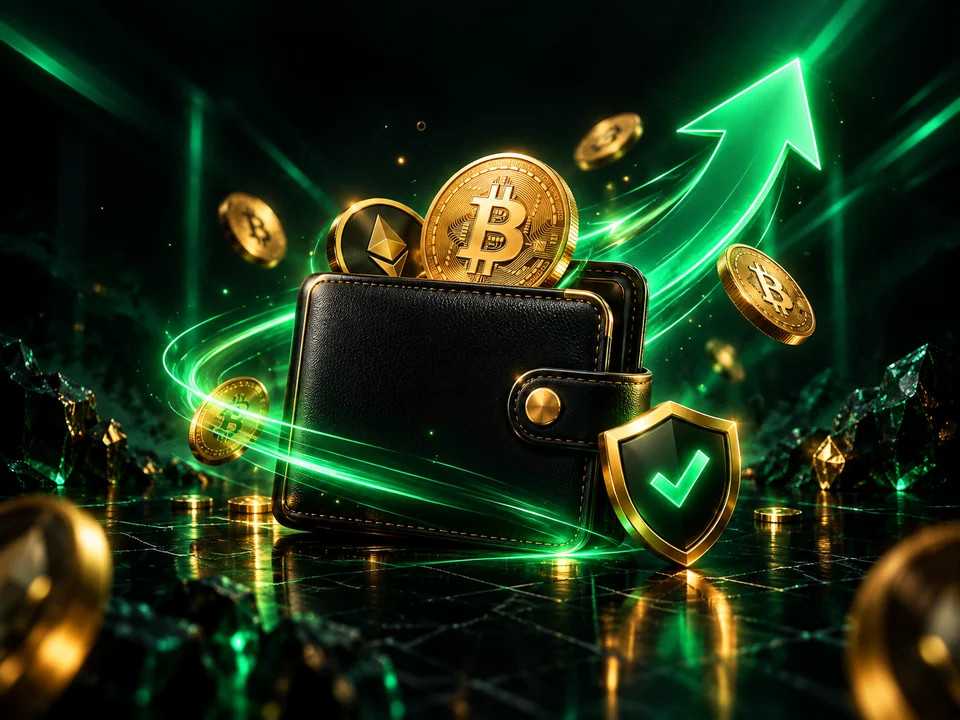 Carteira digital 3D com seta verde e escudo representando retirada cripto
