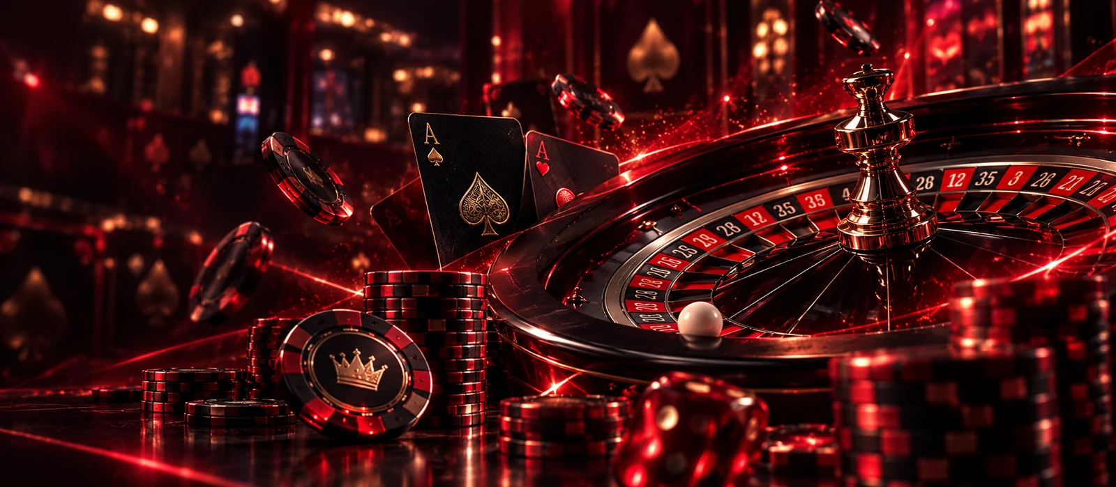 Roulette wheel, cards, dice and casino chips
