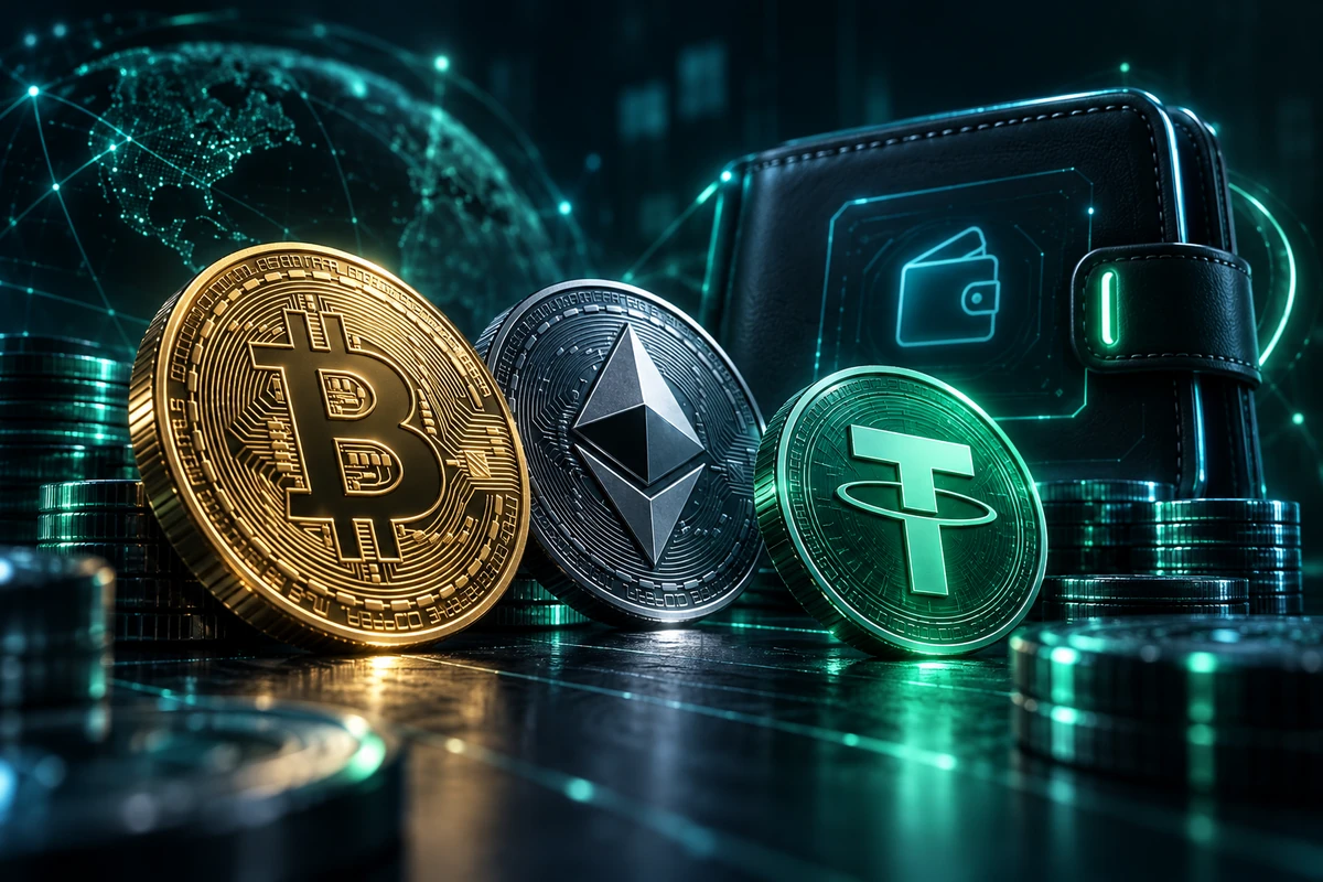 Digital crypto wallet with Bitcoin, Ethereum and USDT symbols