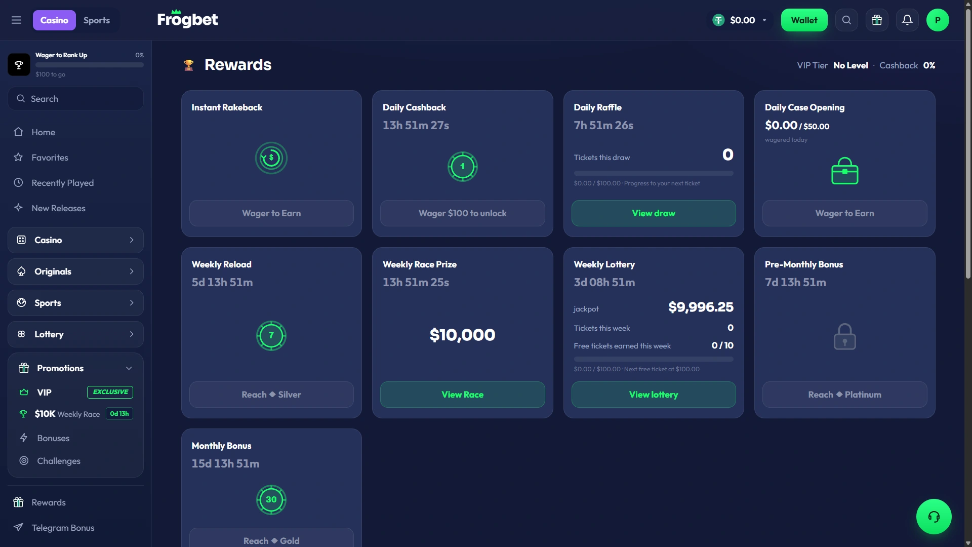 Frogbet rewards dashboard showing rakeback, daily rewards, weekly race and monthly rewards