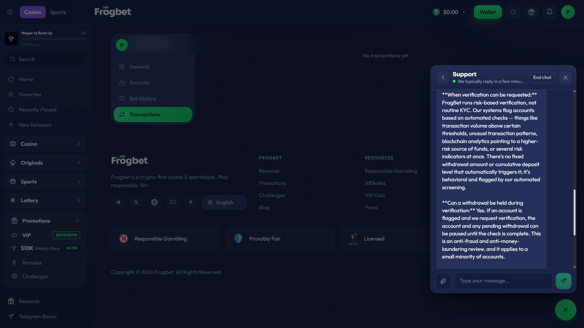 Frogbet support response describing risk-based KYC and possible verification triggers