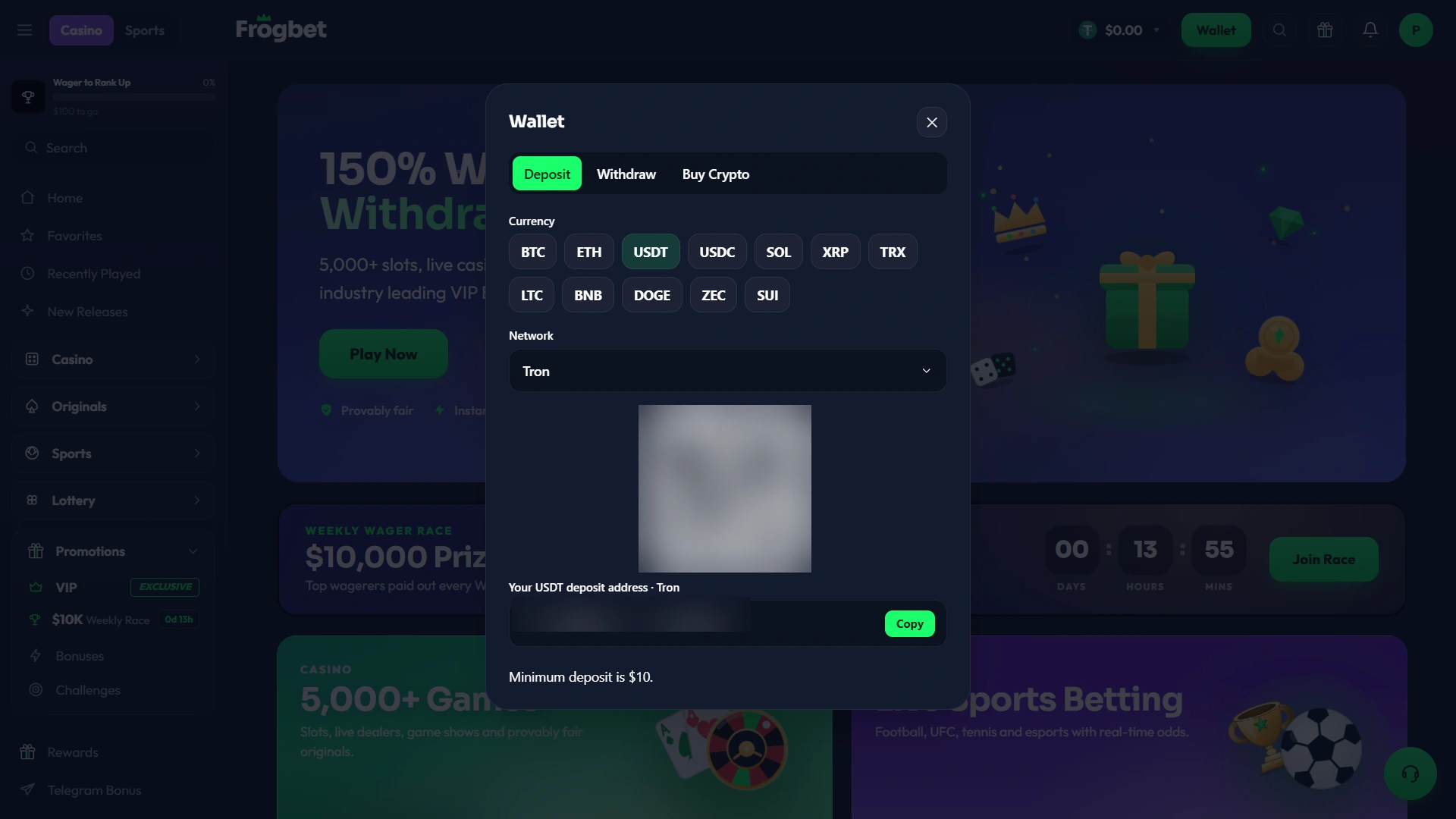 Frogbet USDT deposit screen with TRON selected and a 10 dollar minimum