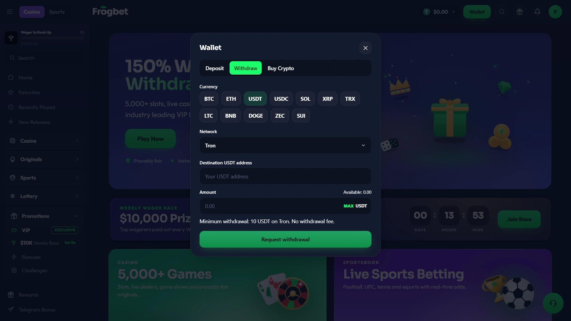 Frogbet USDT withdrawal screen with TRON selected and a 10 USDT minimum