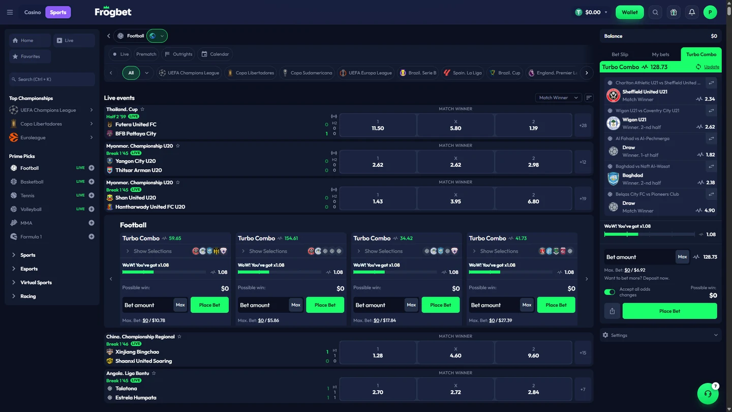Tela de apostas ao vivo da Frogbet