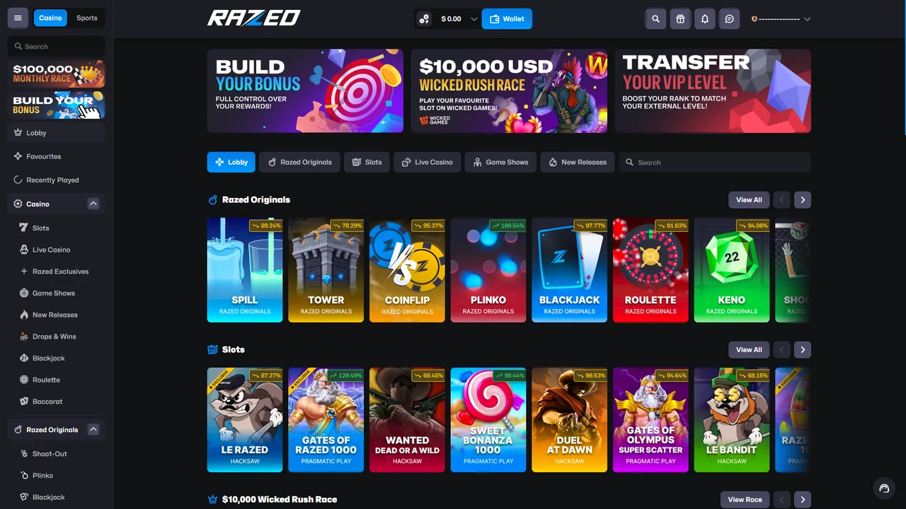 Razed logged-in casino lobby showing Originals, rewards and promotions