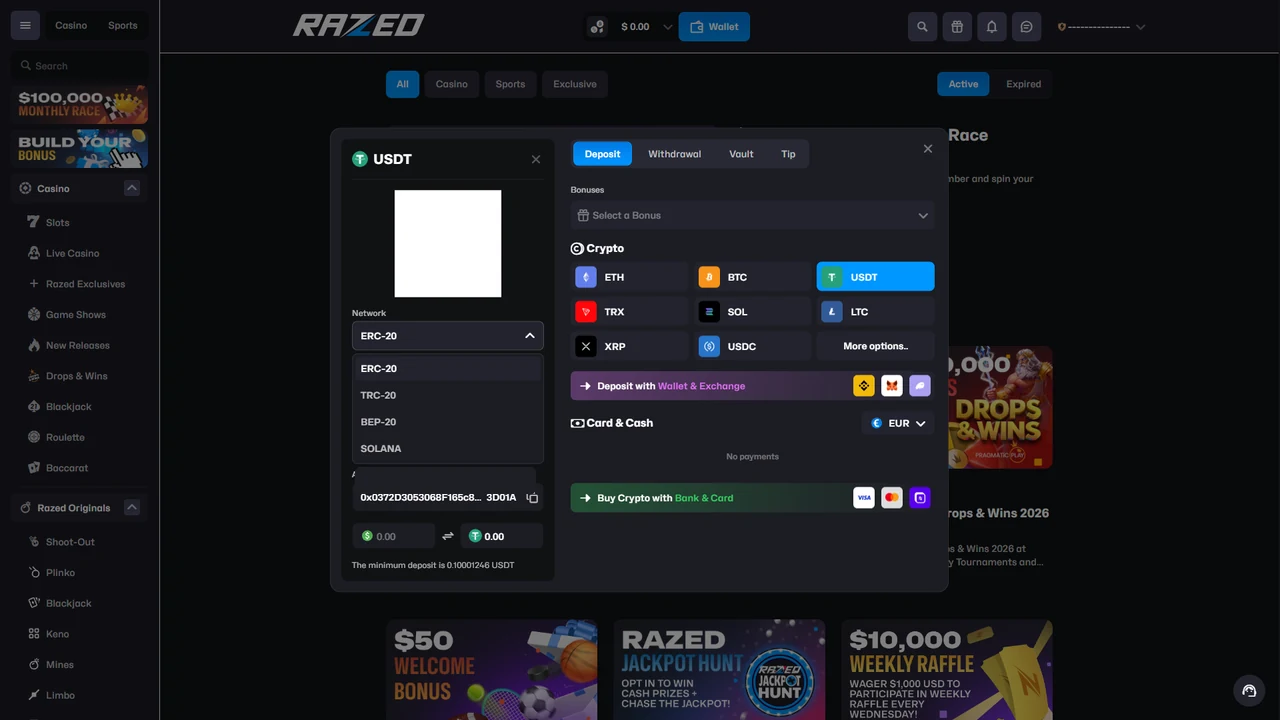 Razed USDT deposit screen showing multiple network choices