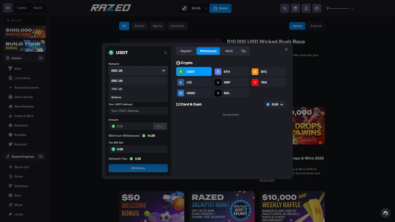 Razed USDT withdrawal screen showing network choices, minimum and fee