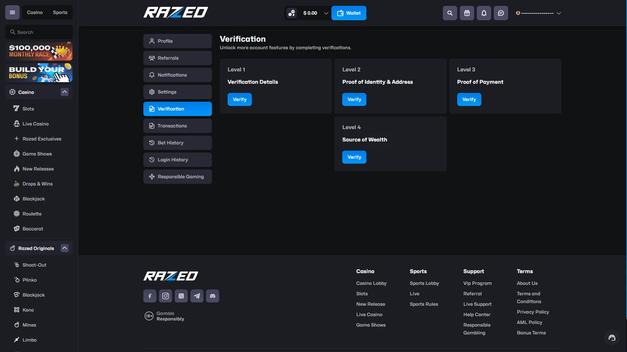 Razed account verification page showing multiple verification levels
