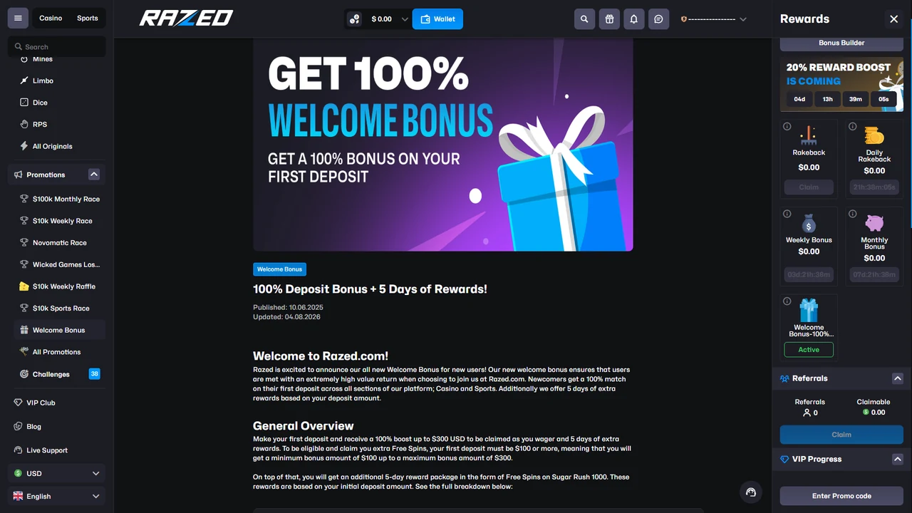 Razed logged-in welcome bonus page showing 100 percent deposit bonus and five days of rewards