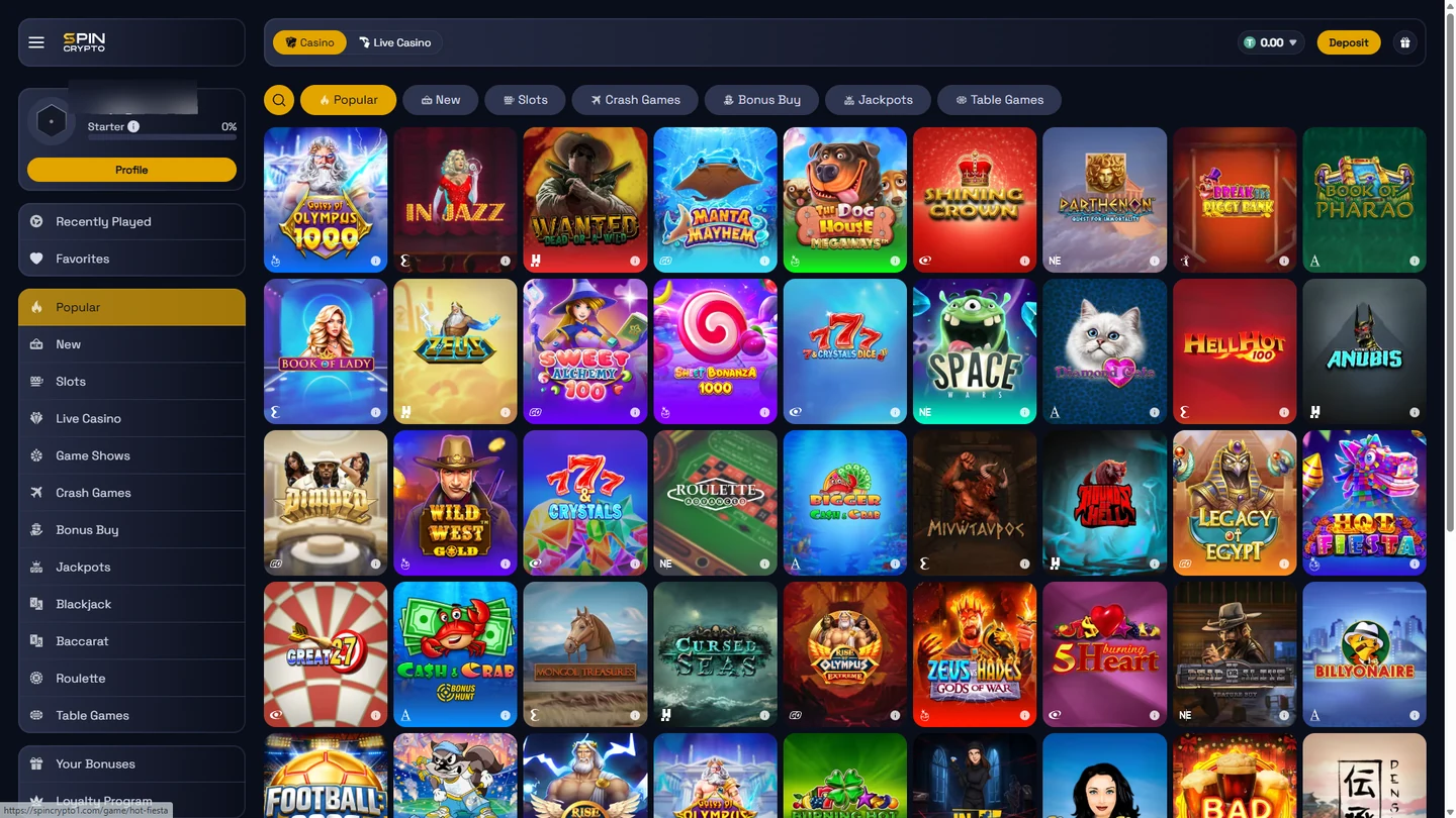 SpinCrypto online casino lobby showing slots, crash games, jackpots and table-game categories