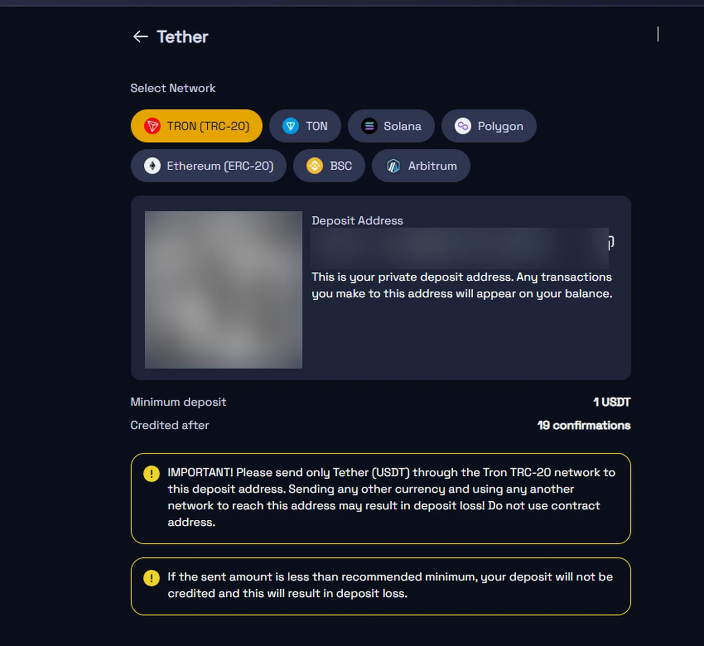SpinCrypto USDT cashier showing TRC-20, TON, Solana, Polygon, ERC-20, BSC and Arbitrum networks