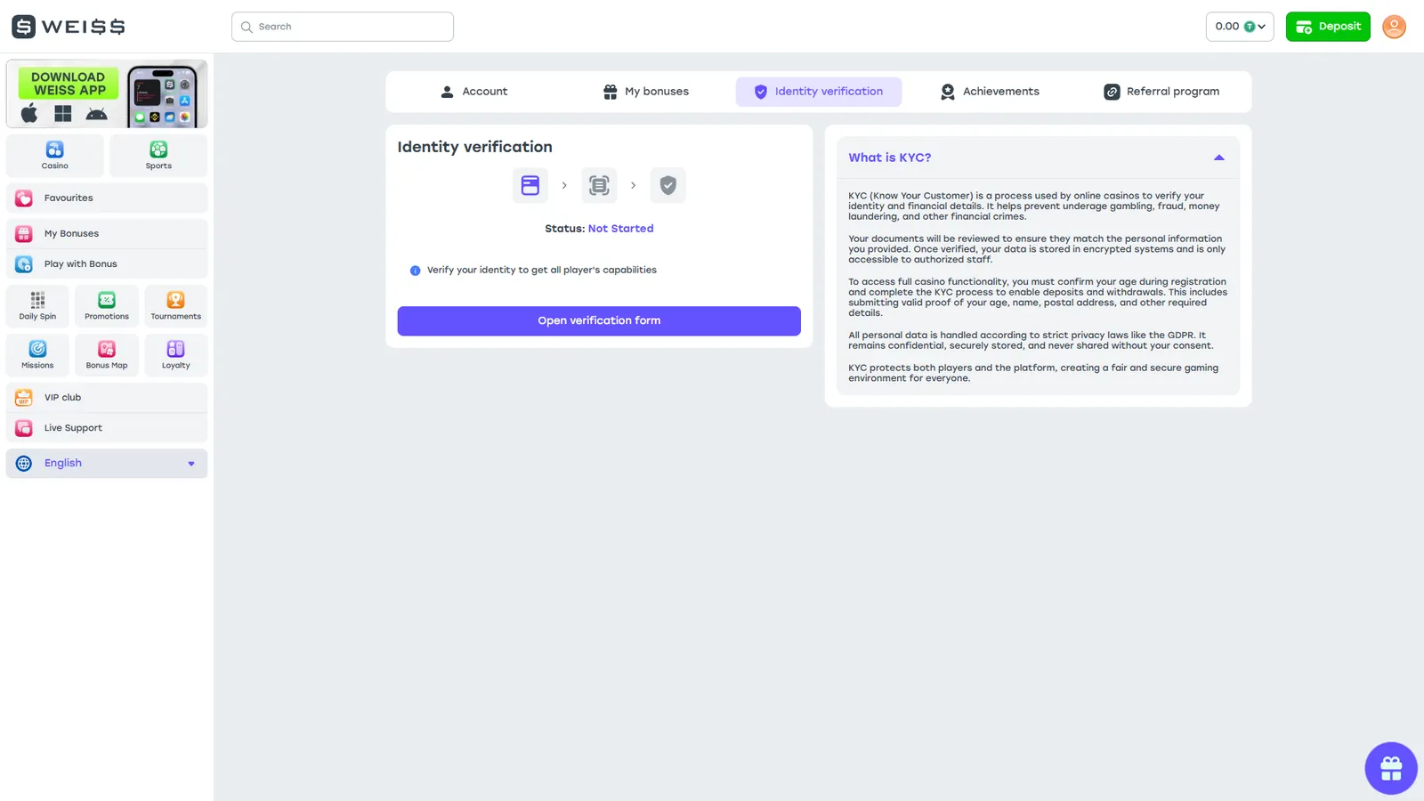 Weiss identity verification page in English with status Not Started