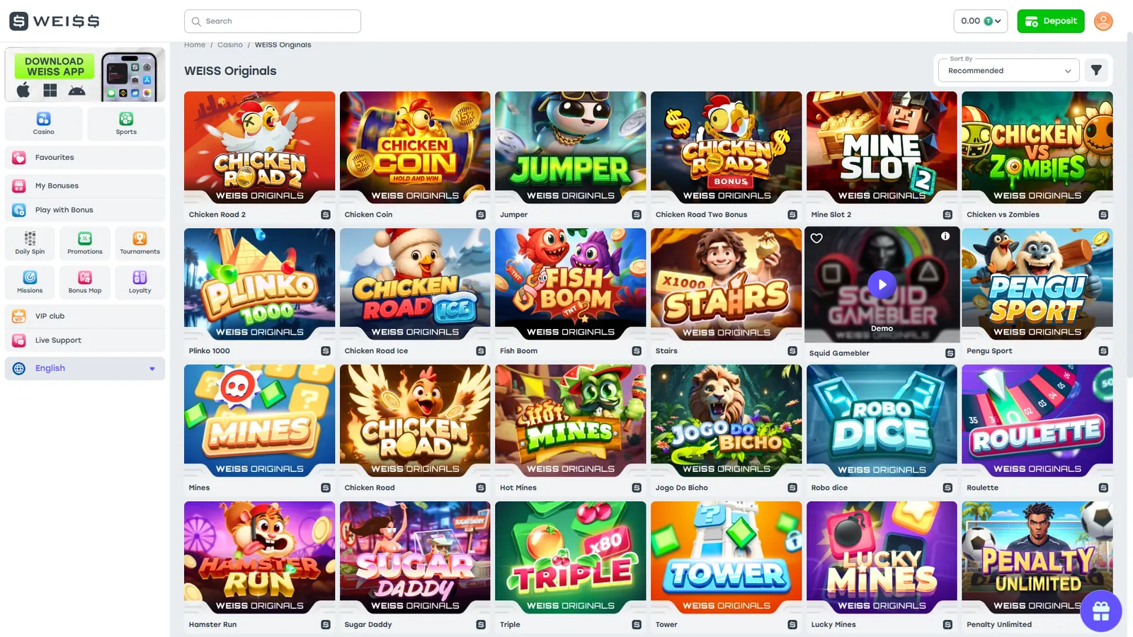 Weiss Originals game lobby in English