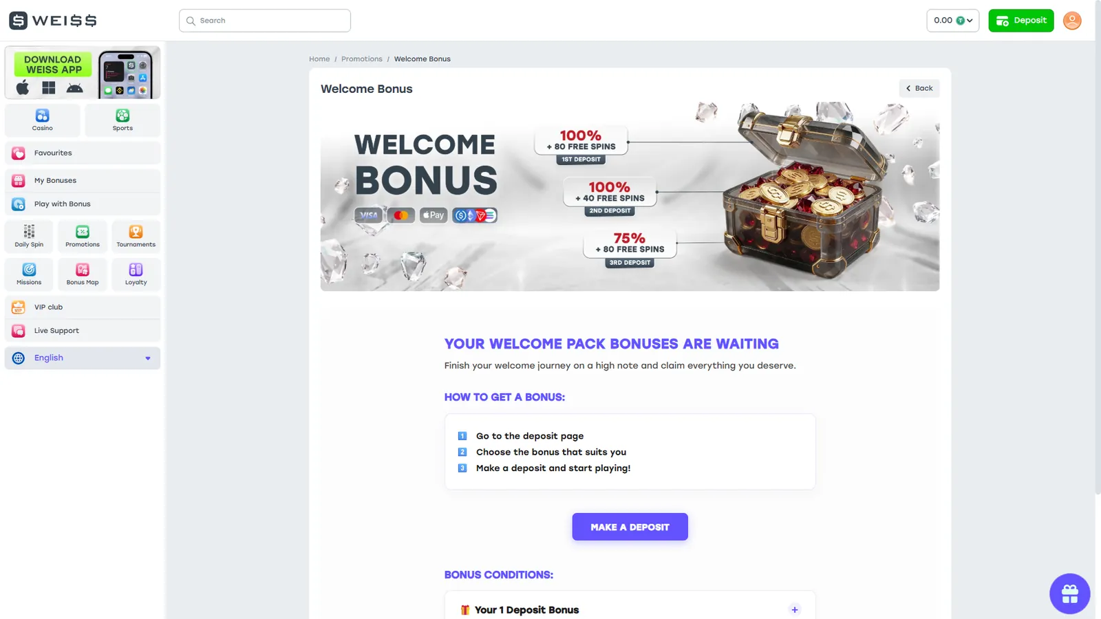 Weiss Welcome Bonus page in English showing three deposit stages