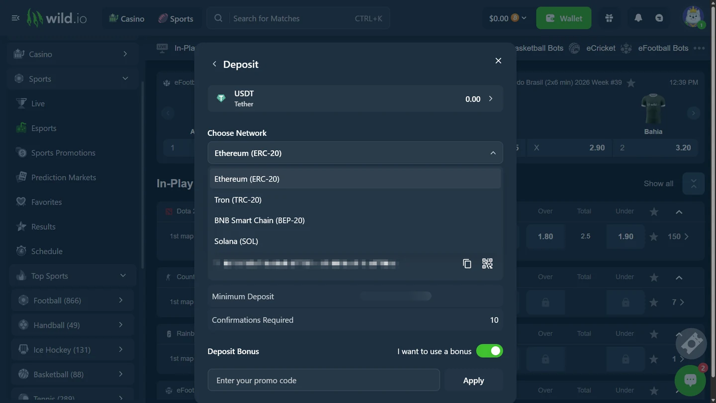 Wild.io cashier showing USDT deposit networks ERC-20, TRC-20, BEP-20 and Solana