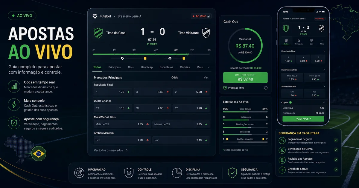 Guia editorial sobre apostas ao vivo no Brasil com futebol, odds, cash out, mobile e pagamentos